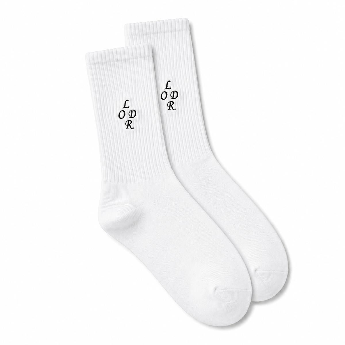 A pair of white ribbed crew socks with black embroidered 'LODR' text on the cuffs, displayed against a clean white background.
